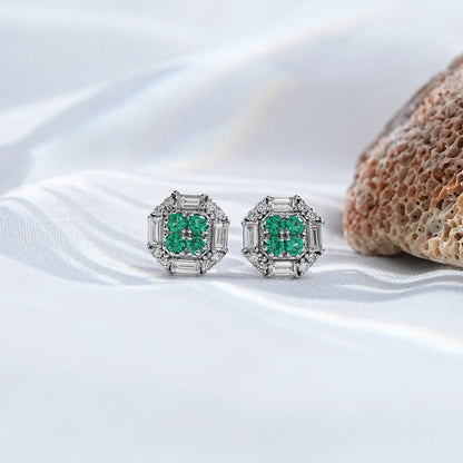 Emerald Round & Baguette Cut Lab Diamond Cluster Stud Earrings