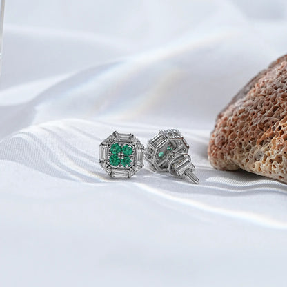 Emerald Round & Baguette Cut Lab Diamond Cluster Stud Earrings