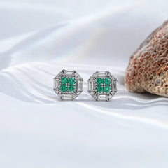 Emerald Round & Baguette Cut Lab Diamond Cluster Stud Earrings