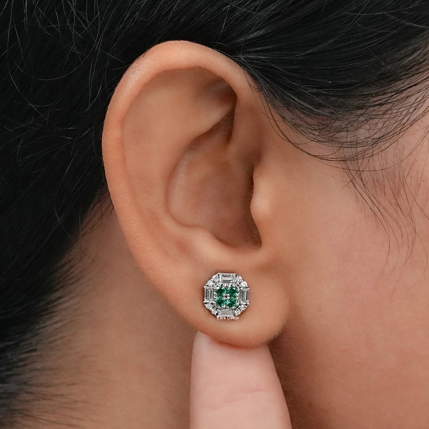 Emerald Round & Baguette Cut Lab Diamond Cluster Stud Earrings