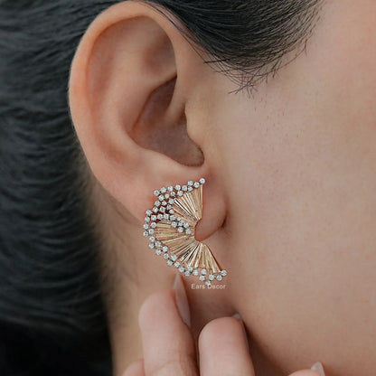 Round Cut Lab Diamond Fan Shaped Stud Earring.