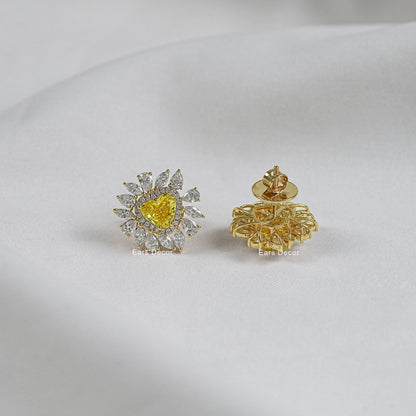 Heart Cut Fancy Vivid Yellow Diamond Stud Earrings