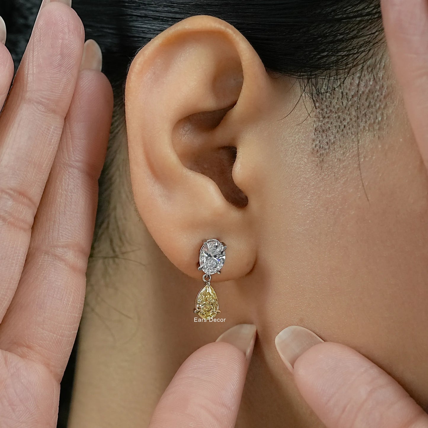 Fancy Yellow Pear And Oval Diamond Dangle Earrings