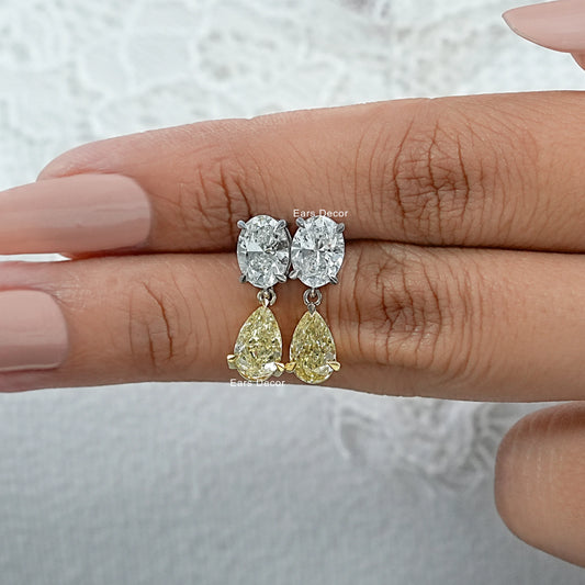 Fancy Yellow Pear And Oval Diamond Dangle Earrings