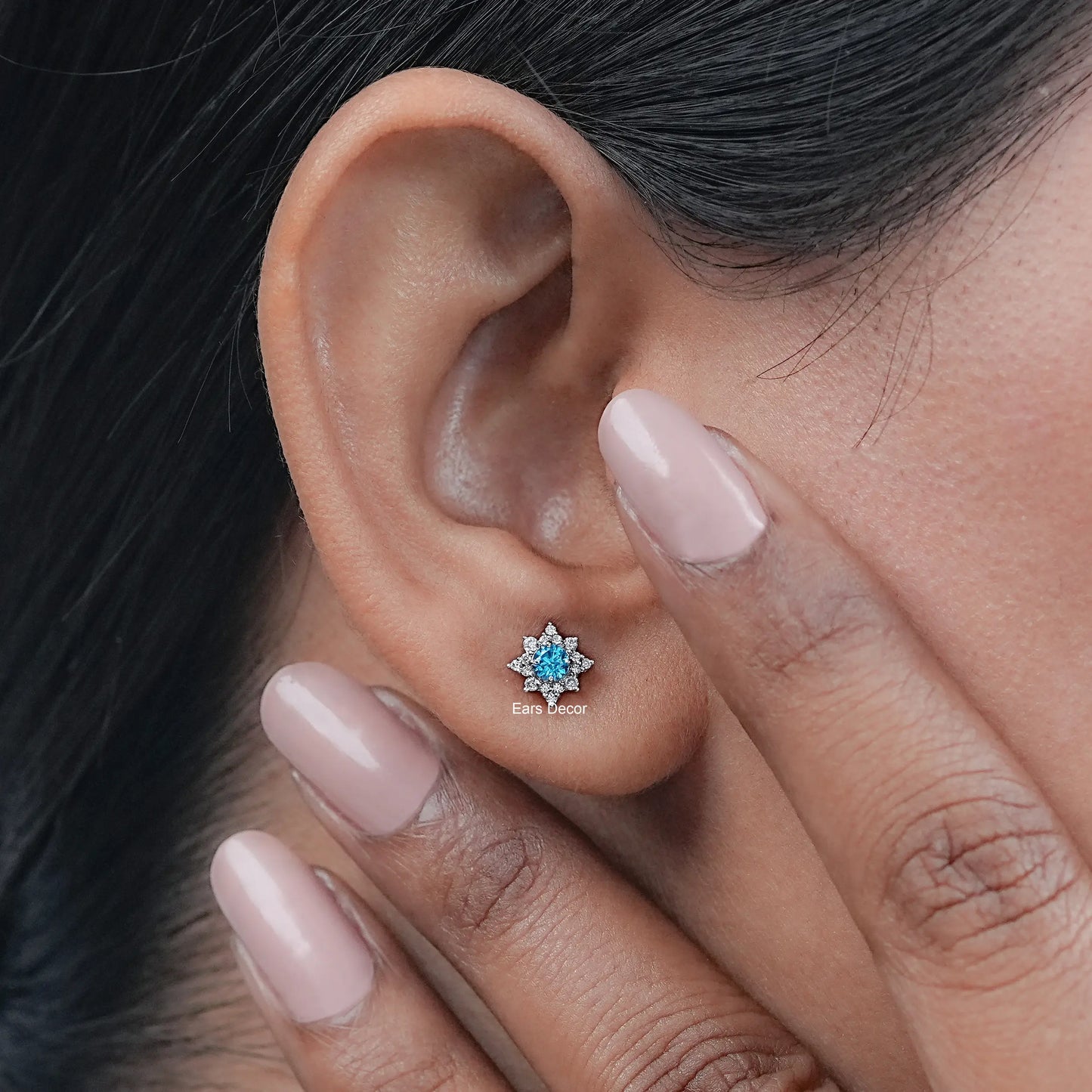 Aquamarine Gemstone Floral Shaped Cluster Stud Earrings