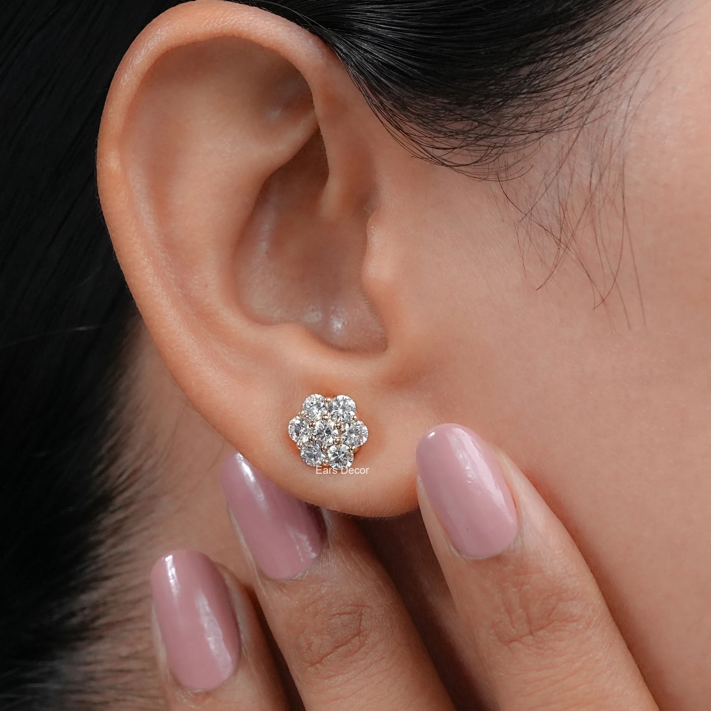 Round Lab Diamond Floral Shape Stud Earrings