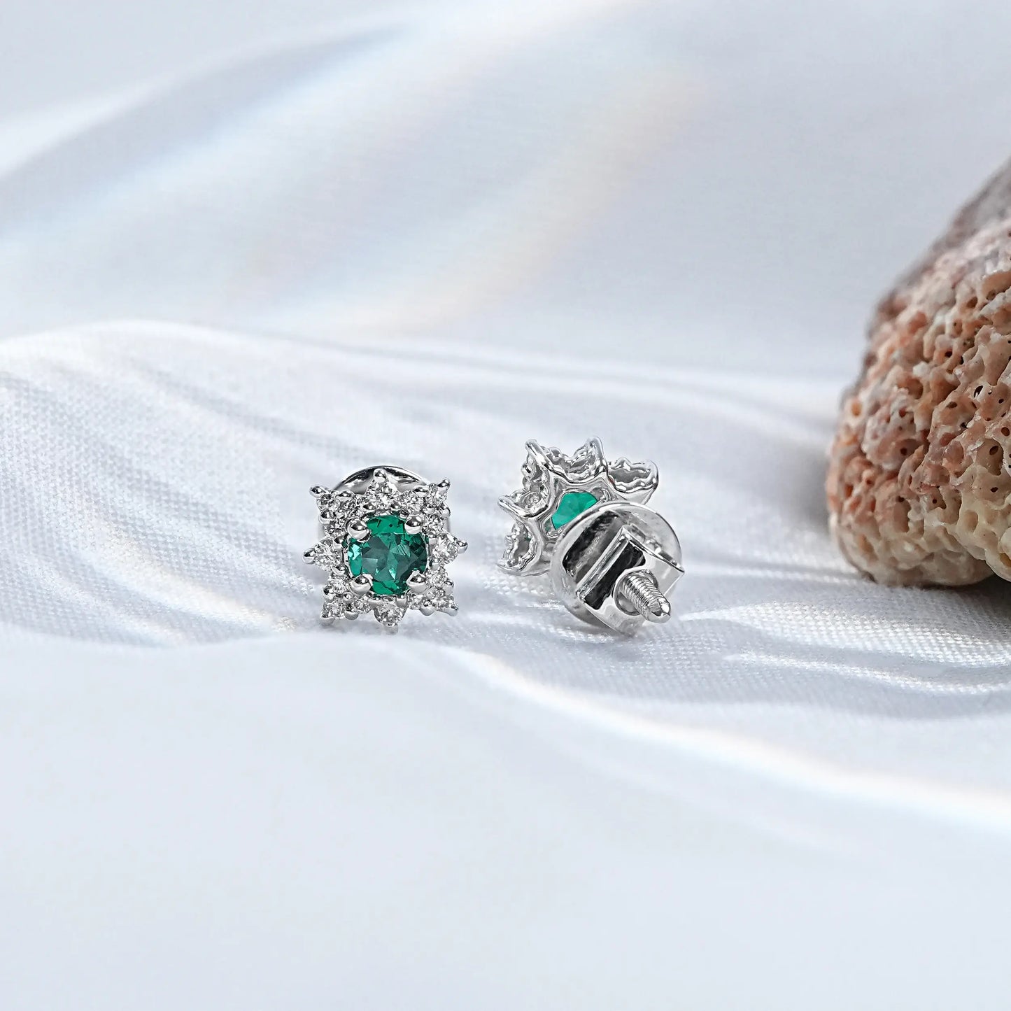 Emerald Round Gemstone Cluster Stud Earrings