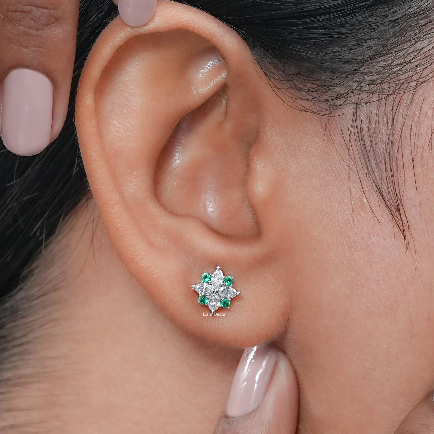 Green Round And Marquise Cut Diamond Floral Stud