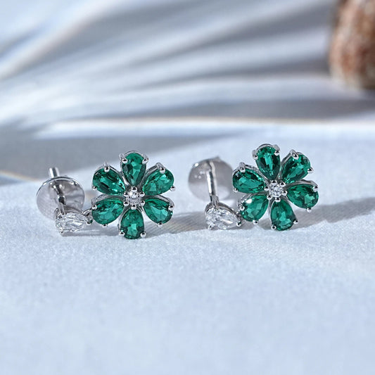 Green Pear Gemstone Halo Floral Drop Earrings