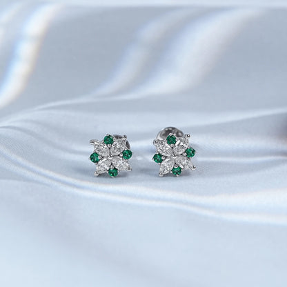Green Round And Marquise Cut Diamond Floral Stud