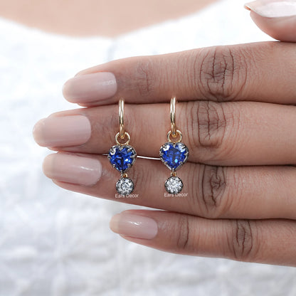 Heart Shaped Sapphire Gemstone Dangle Hoop Earrings