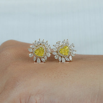 Heart Cut Fancy Vivid Yellow Diamond Stud Earrings