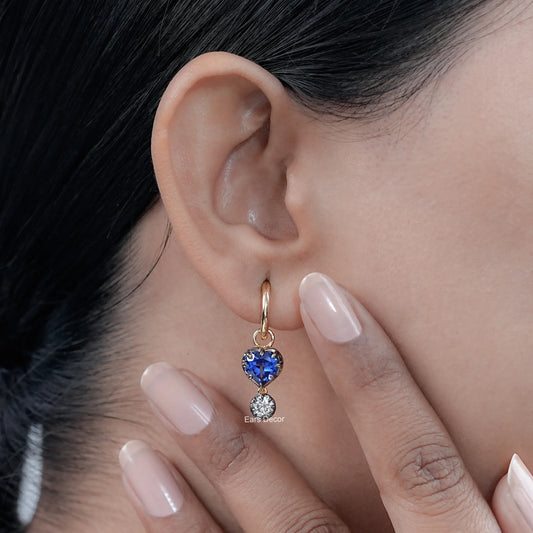 Heart Shaped Sapphire Gemstone Dangle Hoop Earrings
