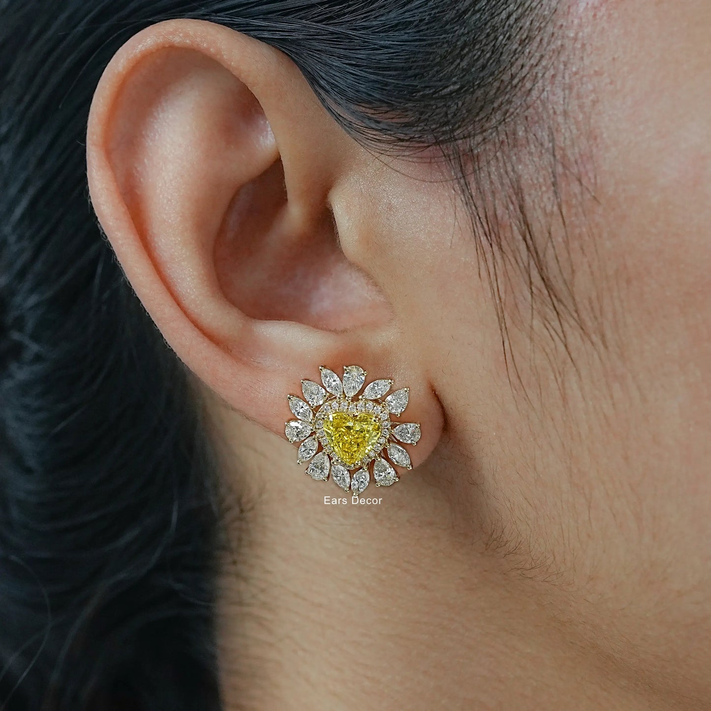 Heart Cut Fancy Vivid Yellow Diamond Stud Earrings