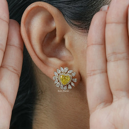 Heart Cut Fancy Vivid Yellow Diamond Stud Earrings
