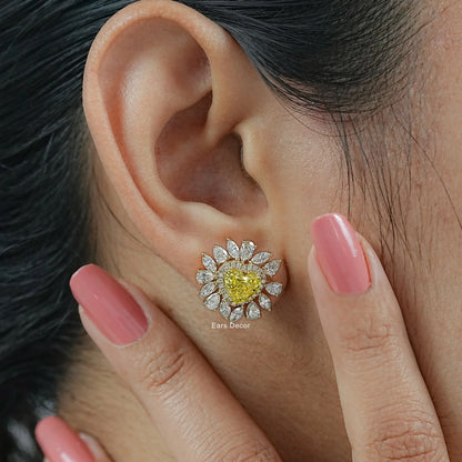 Heart Cut Fancy Vivid Yellow Diamond Stud Earrings