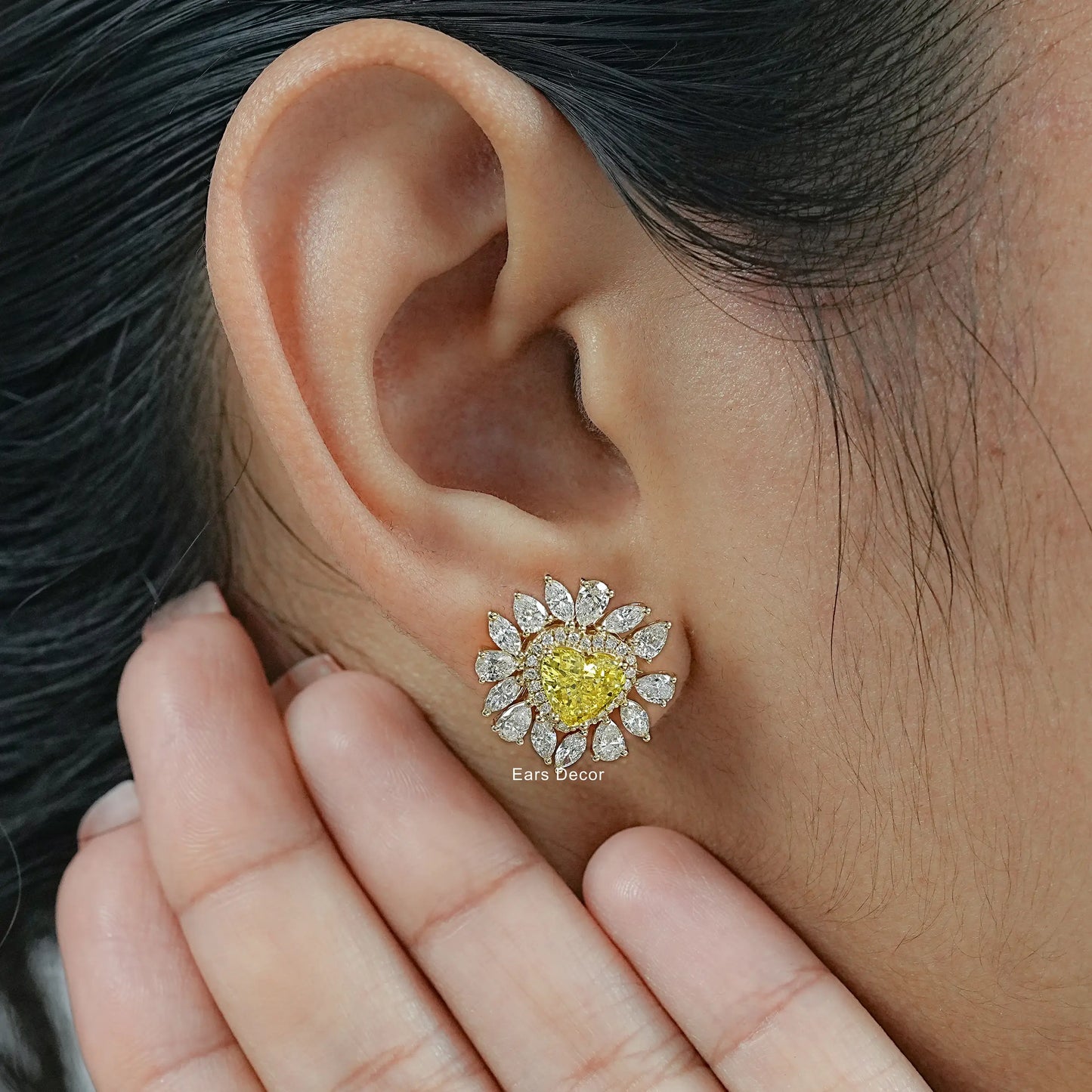 Heart Cut Fancy Vivid Yellow Diamond Stud Earrings