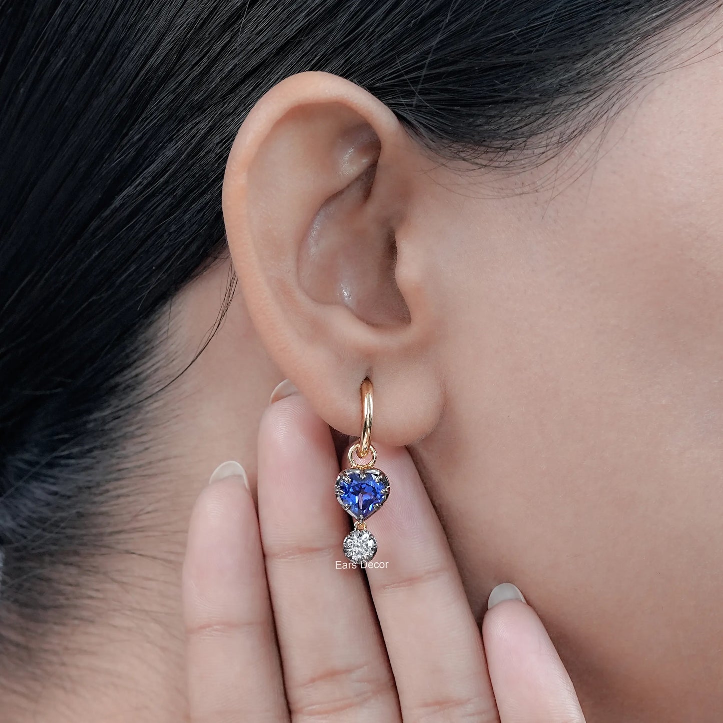 Heart Shaped Sapphire Gemstone Dangle Hoop Earrings