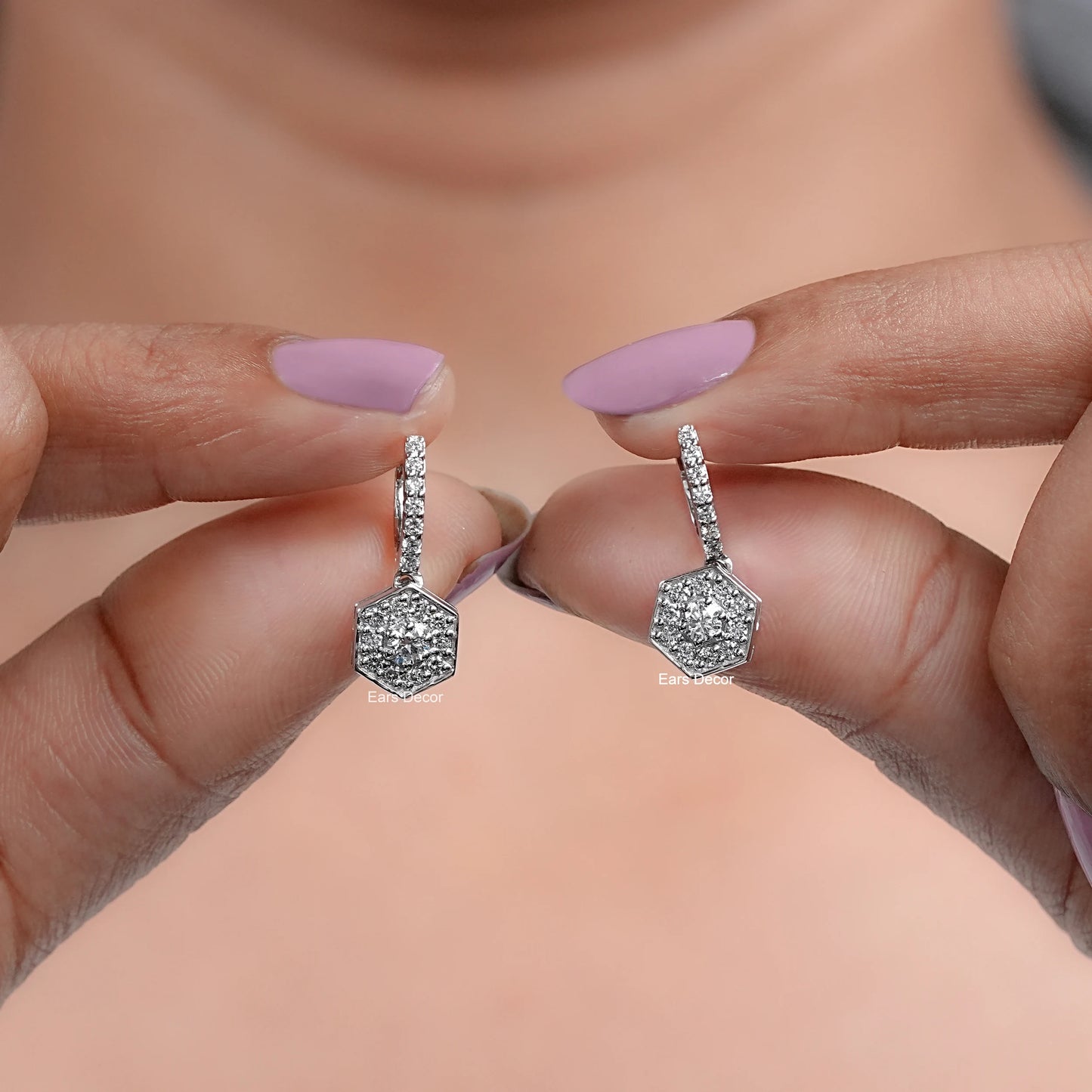 Hexagon Shape Round Cut Lab Diamond Dangle Earrings