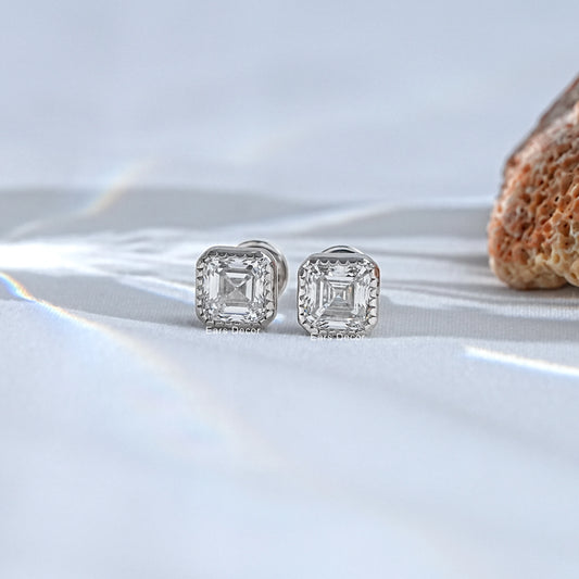 Asscher Cut Milgrain Set Lab Grown Diamond Stud Earrings
