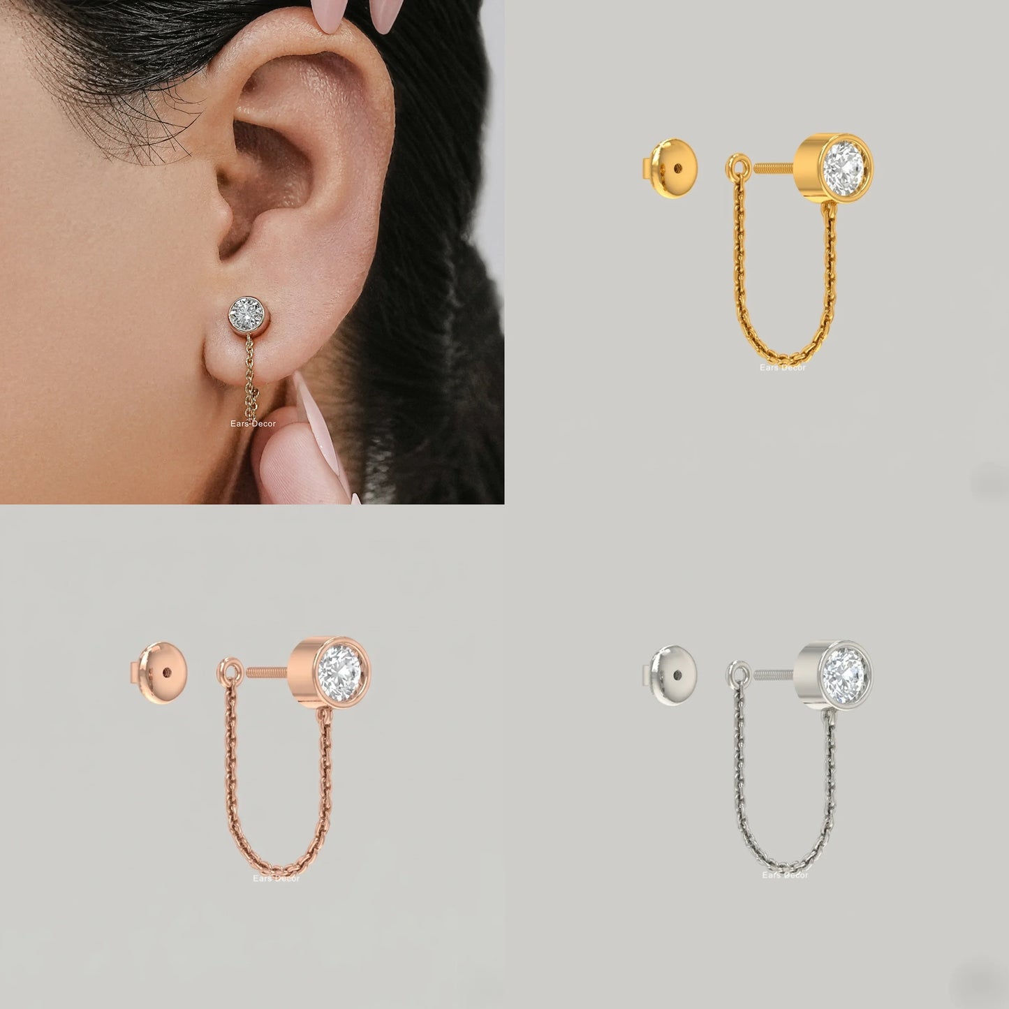 Round Cut Diamond Stud Dangle Chain Earring