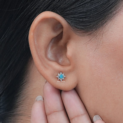 Aquamarine Gemstone Floral Shaped Cluster Stud Earrings