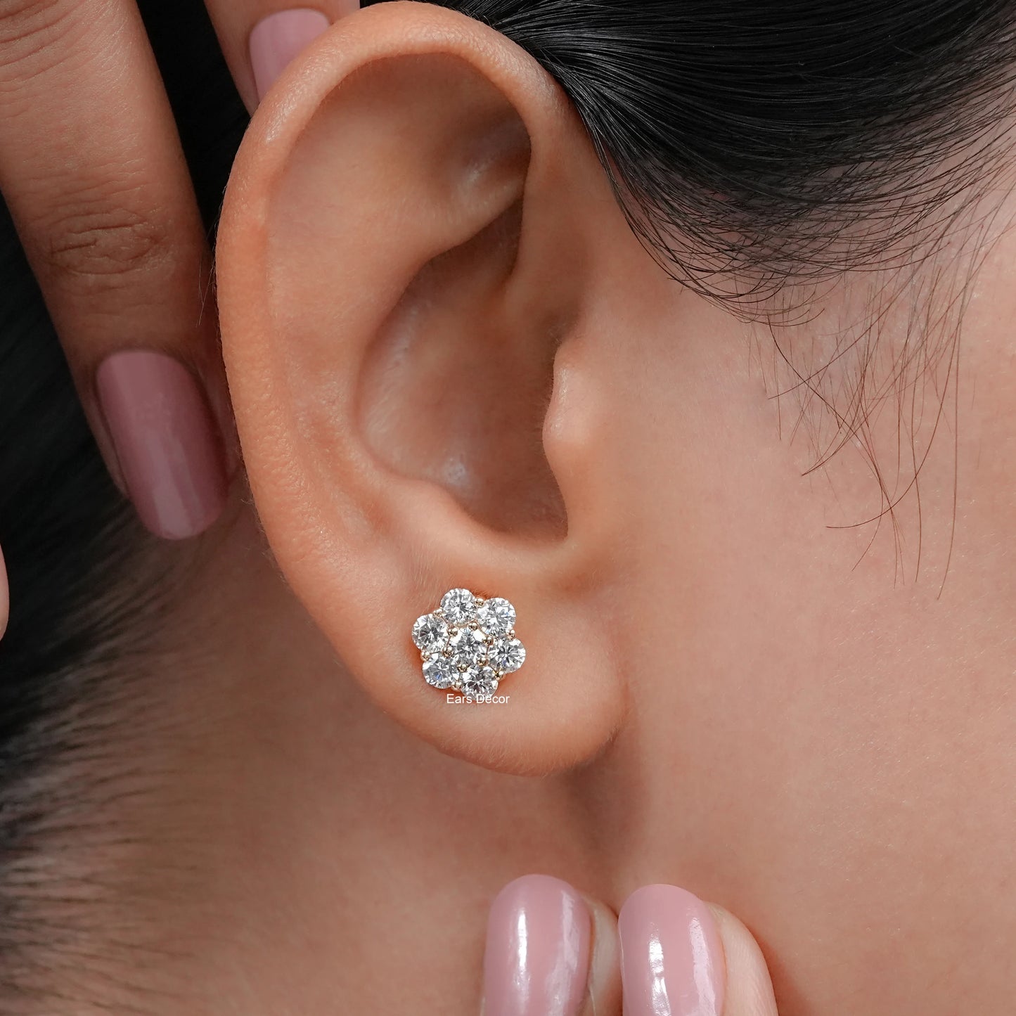 Round Lab Diamond Floral Shape Stud Earrings