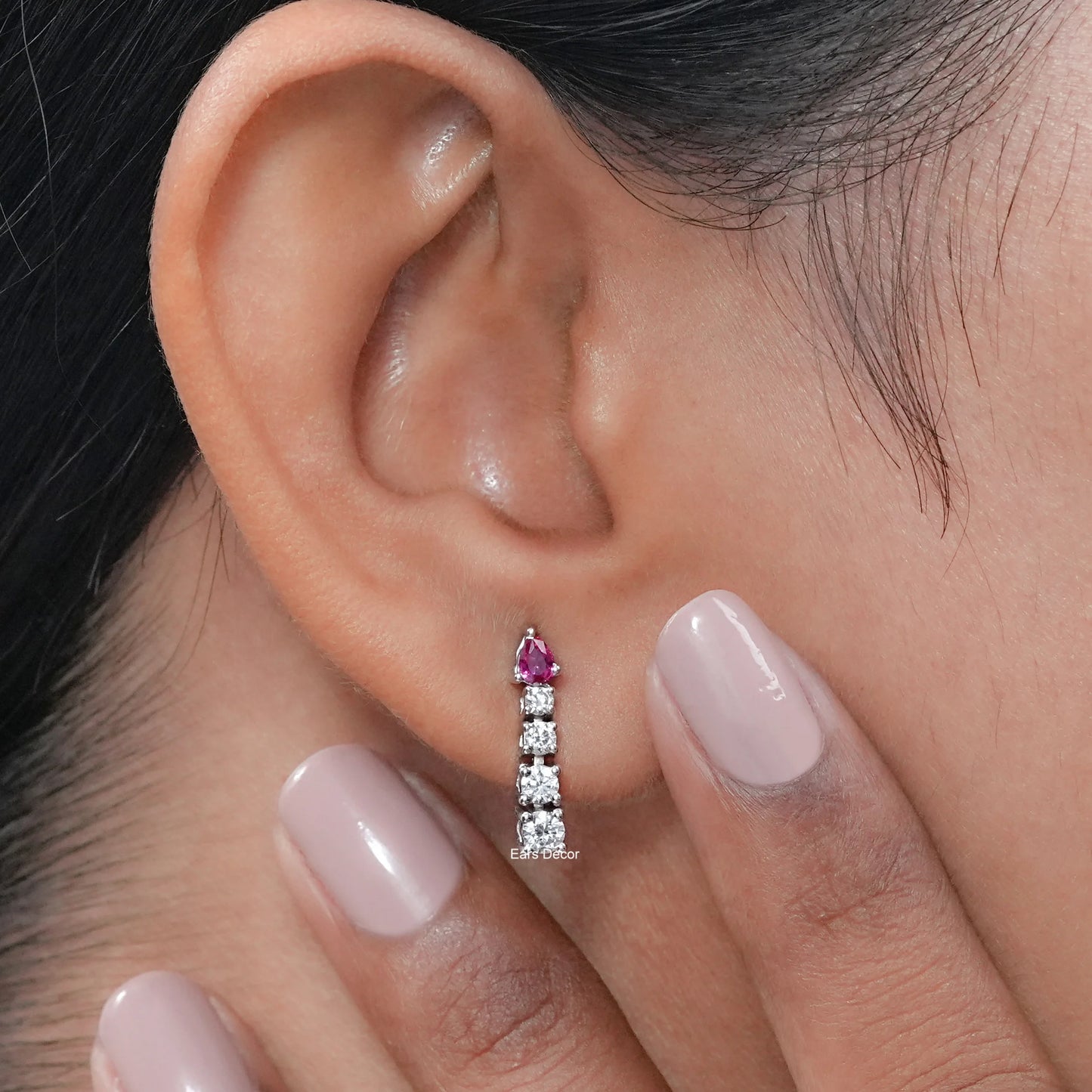 Pear Ruby And Round Diamond Tennis Drop Earrings