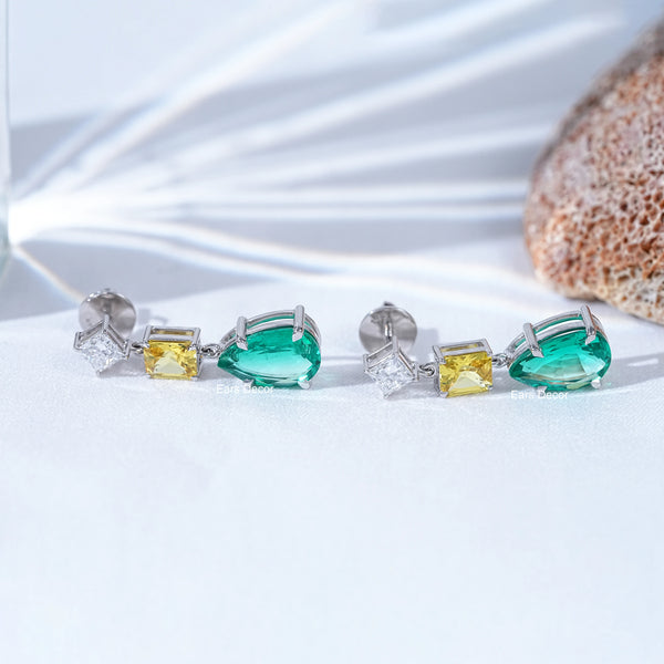 Lab Diamond & Emerald Gemstone Tear Drop Earrings