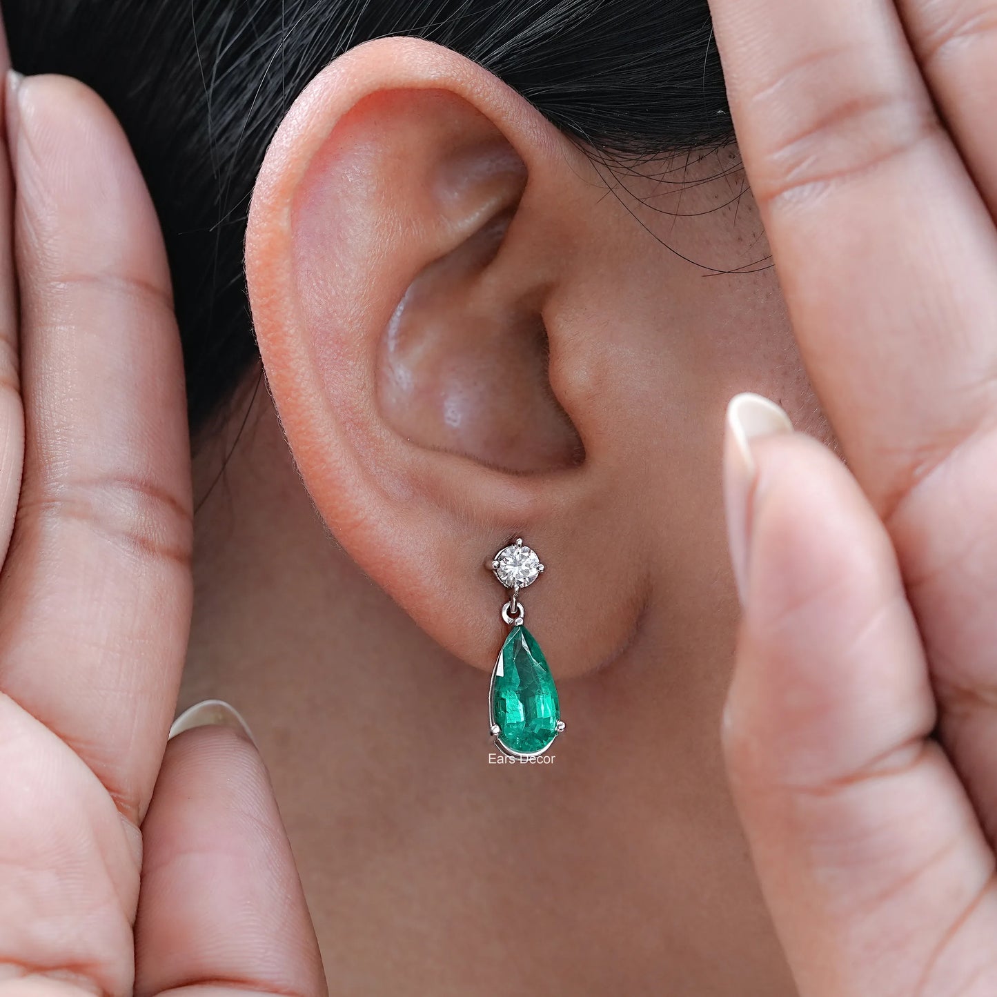 Pear Shaped Emerald Gemstone & Lab Diamond Drop Earrings