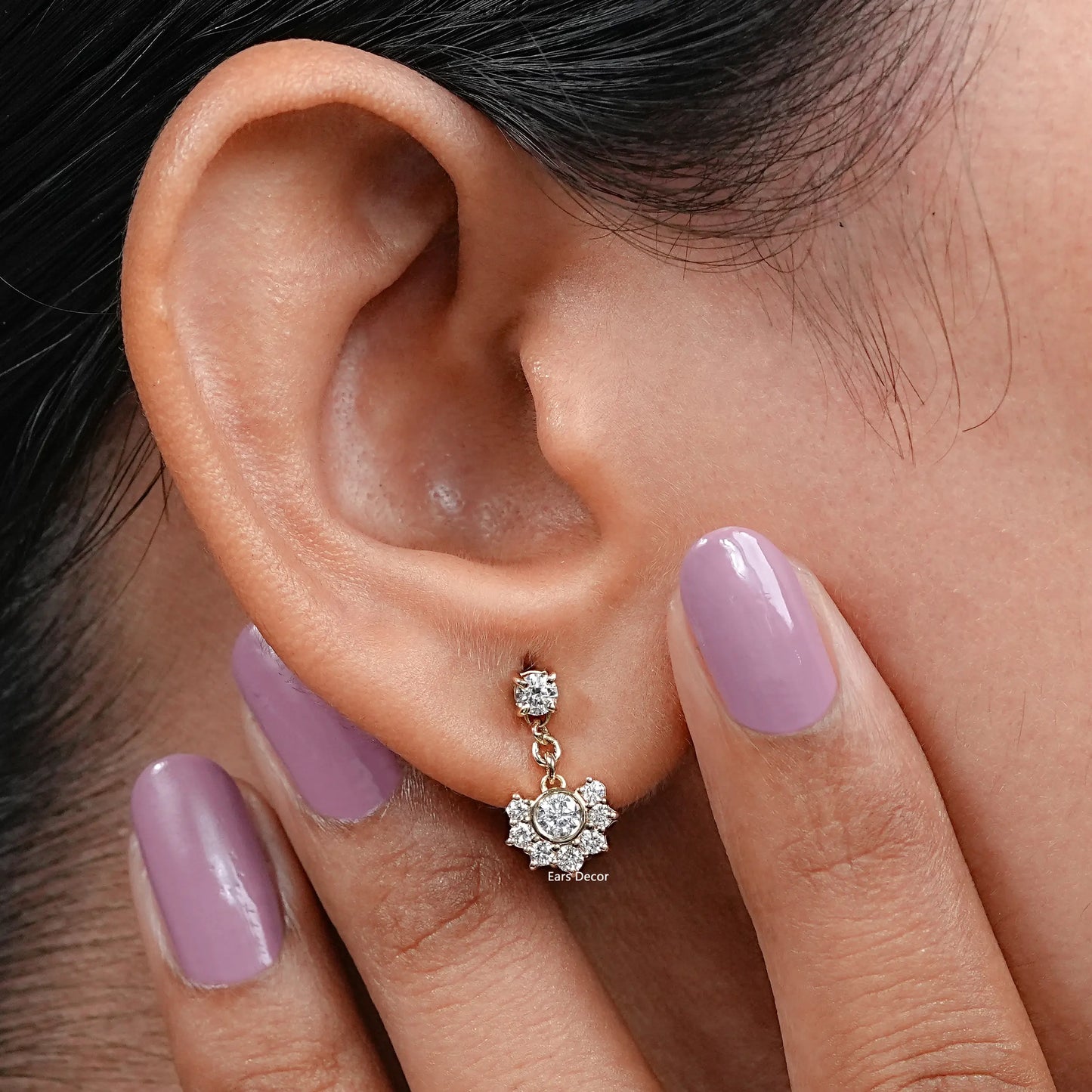 Round Cut Lab Grown Diamond Half Halo Dangle Earrings