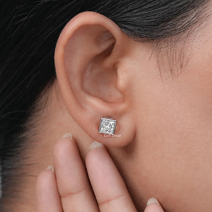 Brilliant Cut Princess Lab Diamond Bezel Set Stud Earrings