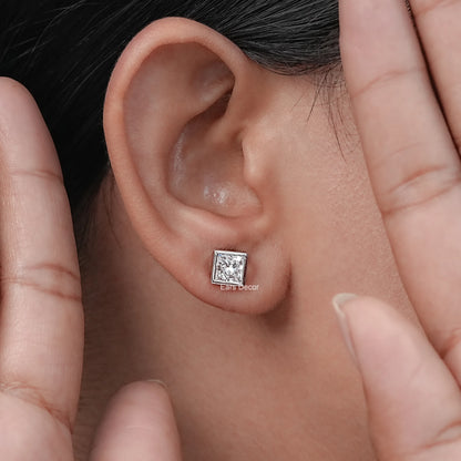 Brilliant Cut Princess Lab Diamond Bezel Set Stud Earrings