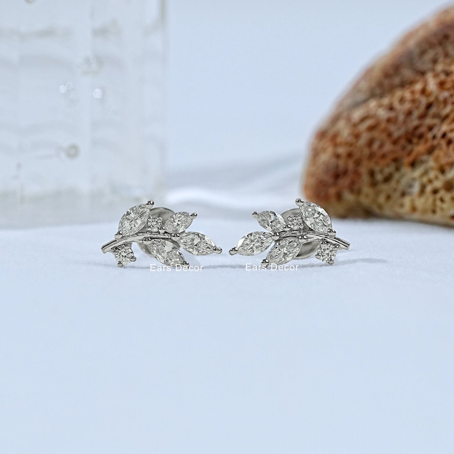 Marquise And Round Diamond Leaf Stud Earrings