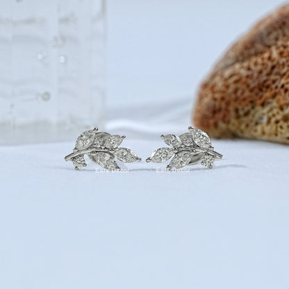 Marquise And Round Diamond Leaf Stud Earrings