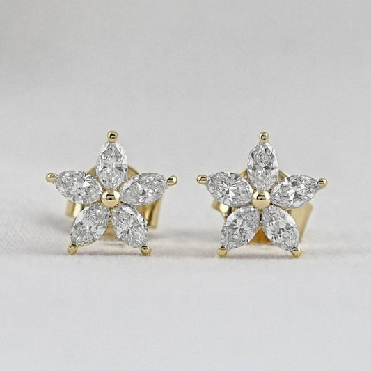 14k yellow gold marquise diamond flower stud earrings for women featuring five brilliant marquise petals around a central gold bead.