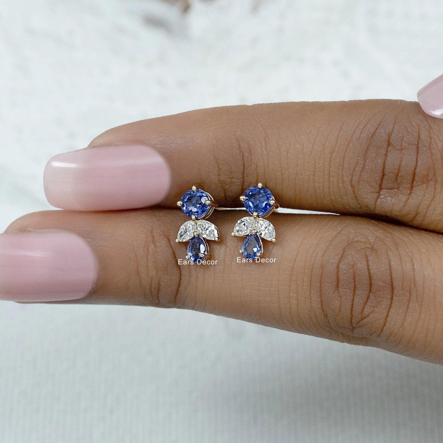 Blue Pear And Round Gemstone Cluster Set Earring