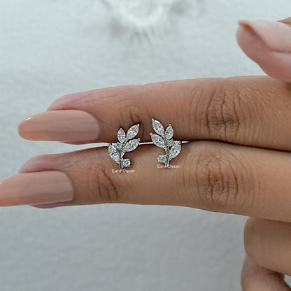 Marquise And Round Diamond Leaf Stud Earrings