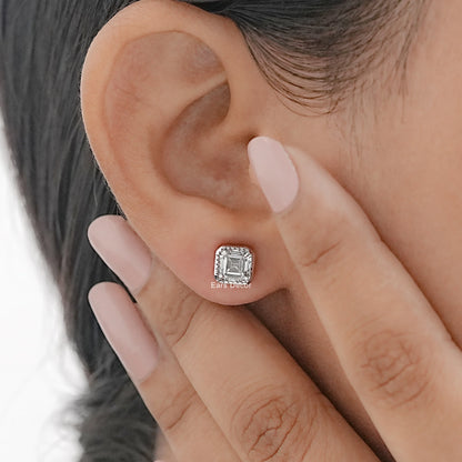 Milgrain Asscher Cut Moissanite Stud Earrings