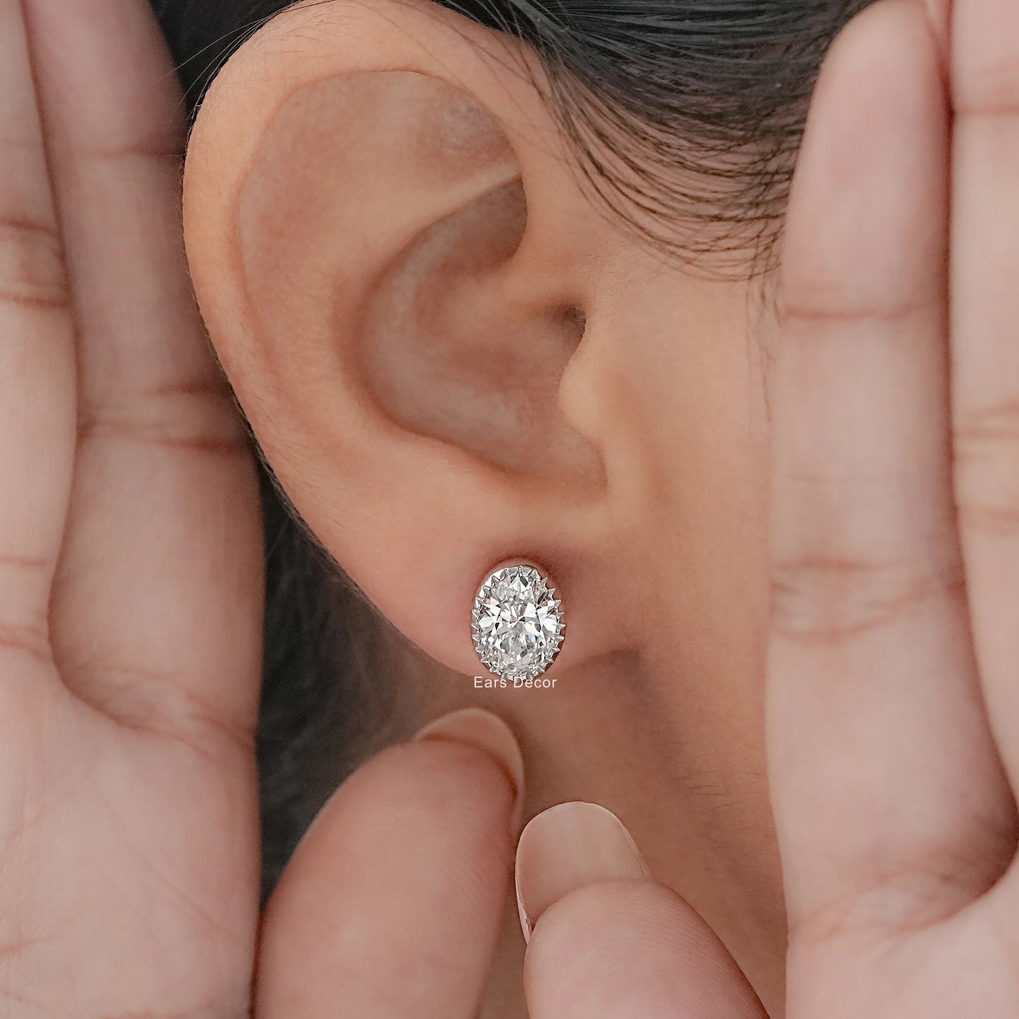 Natural Oval Cut Diamond Milgrain Set Stud Earrings