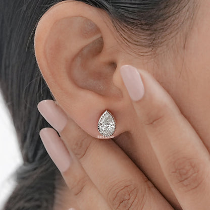 Moissanite Pear Cut Milgrain Set Stud Earrings