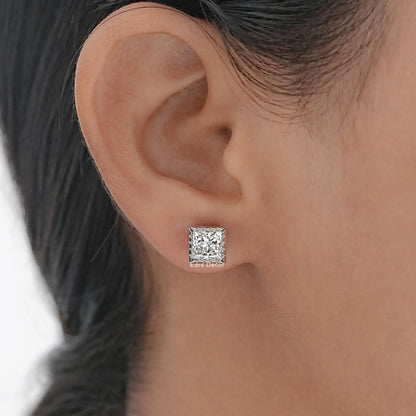 Princess Cut Moissanite Milgrain Set Stud Earrings