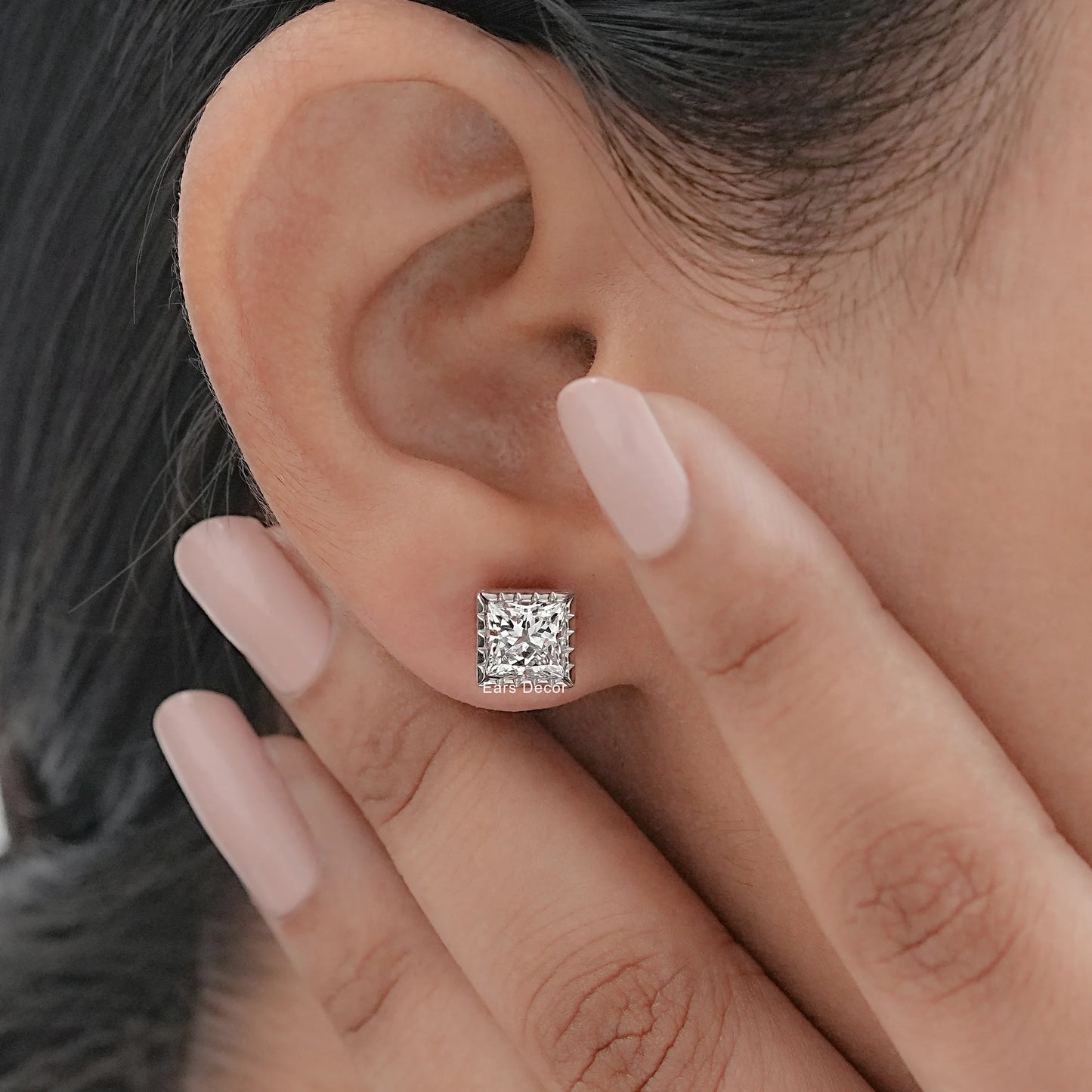 Princess Cut Moissanite Milgrain Set Stud Earrings