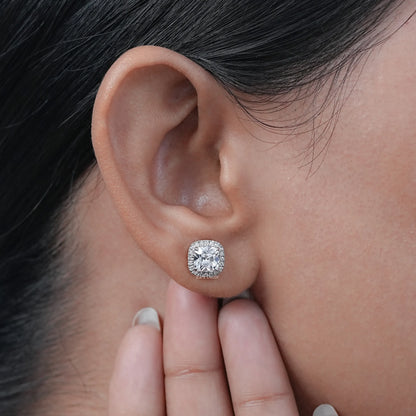 Square Old Mine Cushion Cut Lab Diamond Halo Stud Earrings
