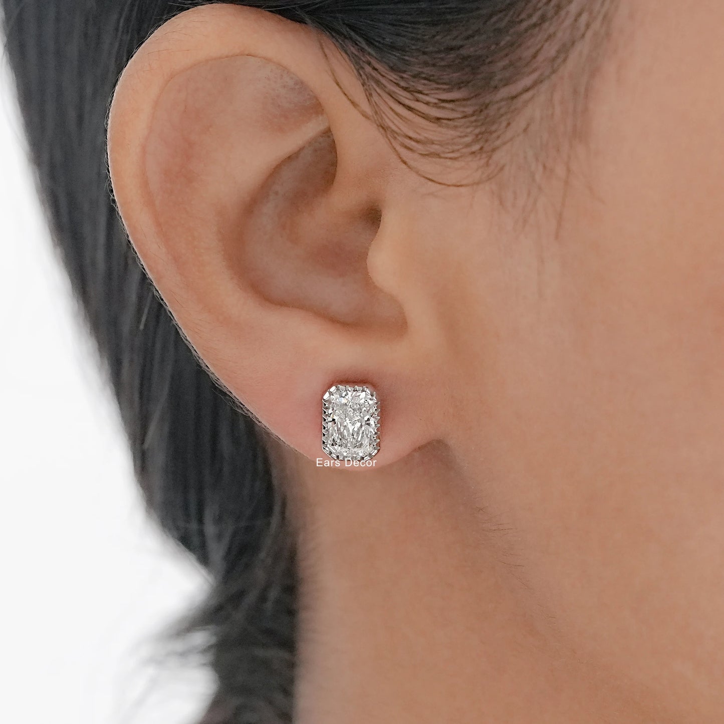 Milgrain Radiant Cut Moissanite Stud Earrings