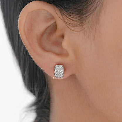 Milgrain Radiant Cut Moissanite Stud Earrings