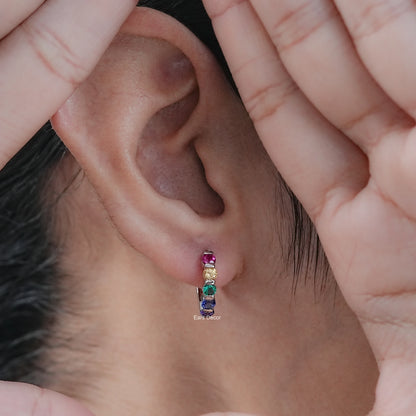 Round Cut Rainbow Gemstone Hoop Earrings