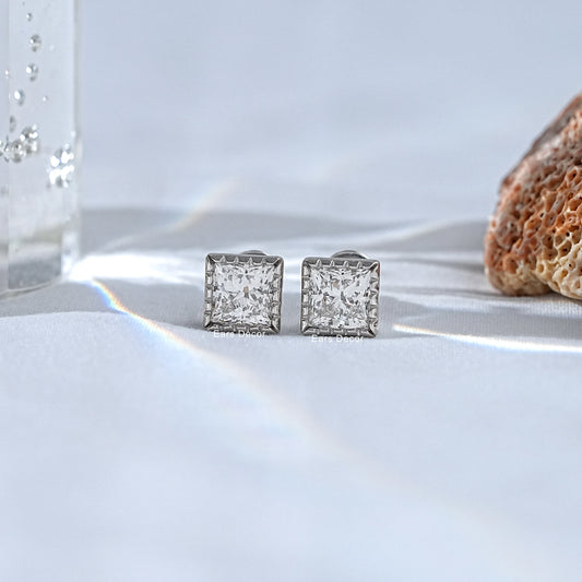 Milgrain Princess Cut Earth Mined Diamond Stud Earrings