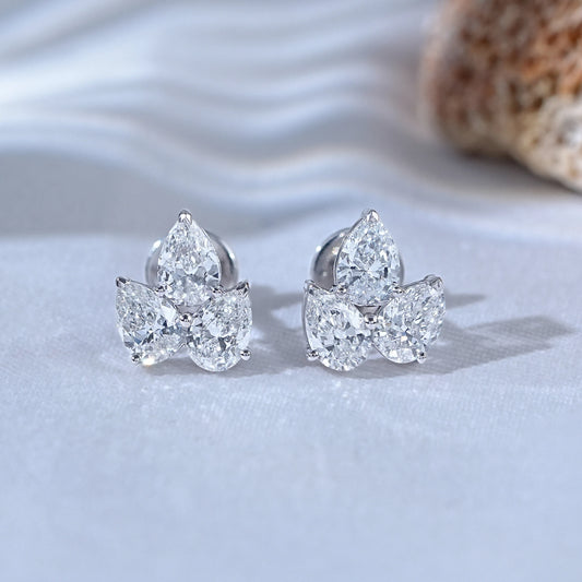 Three Stone Pear Lab Diamond Stud Earrings