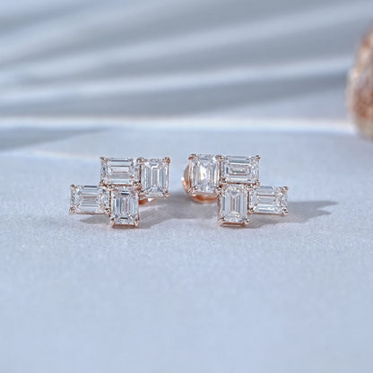 Four Emerald Lab Diamond Cluster Earrings